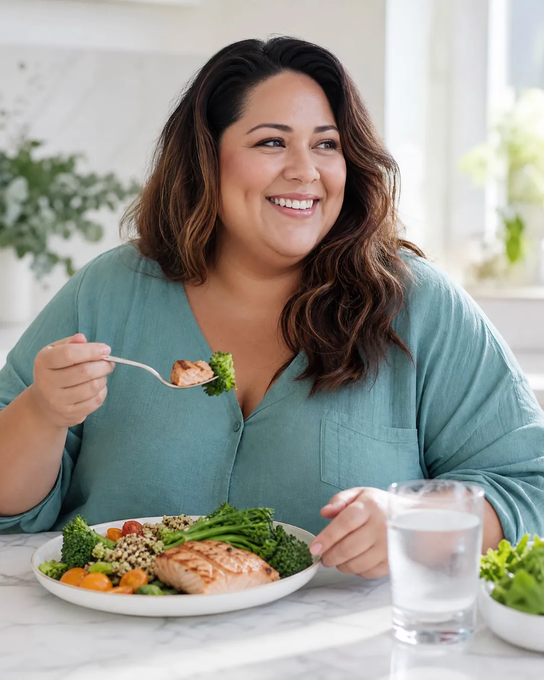 A woman smiling while enjoying a balanced, protein-forward Ideal Protein-style meal of salmon, broccoli, and vegetables at home