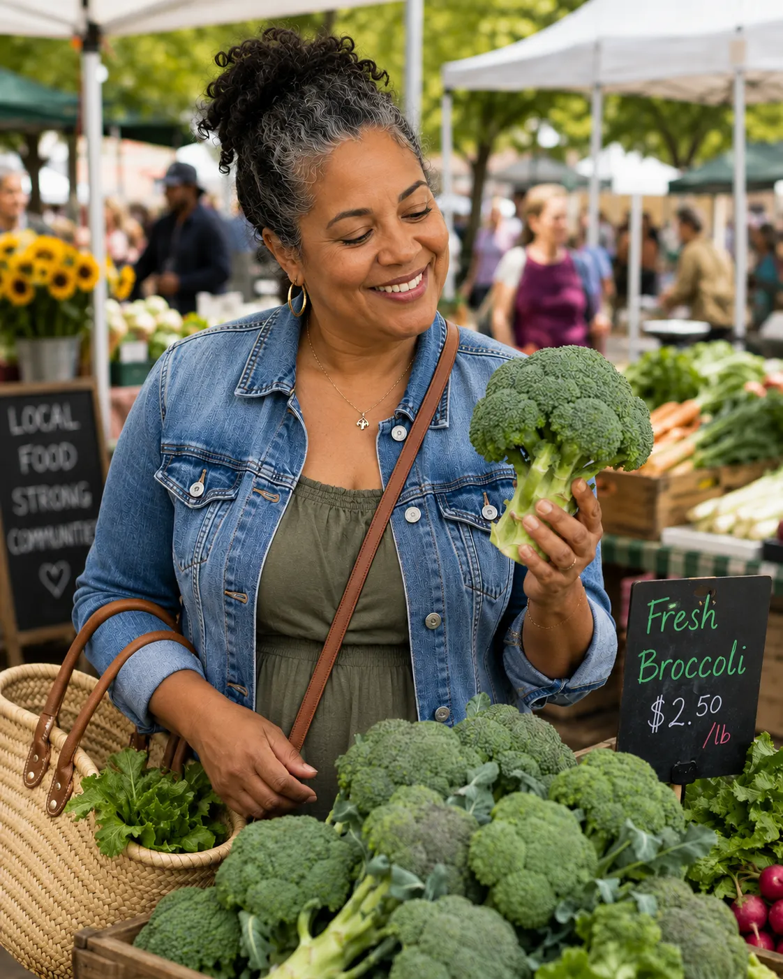 A woman smiling as she selects fresh broccoli at an outdoor farmers market, reflecting the whole-body nutrition focus of the Ideal Protein GLP-1 Partner Program
