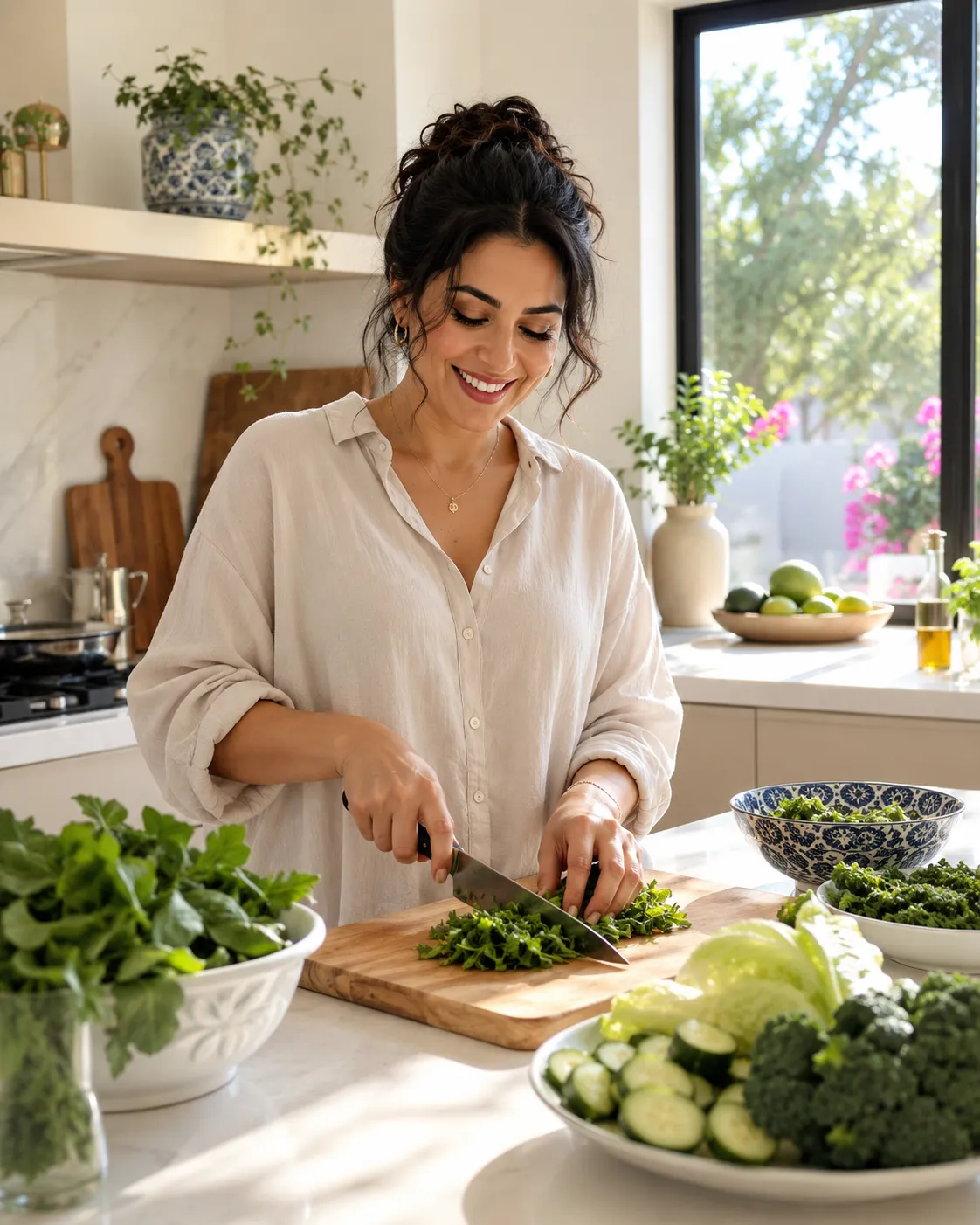 A smiling woman preparing fresh vegetables in a bright, modern kitchen, representing the practical, lifestyle-friendly approach to protein-forward nutrition at the heart of the Ideal Protein and GLP-1 weight loss program
