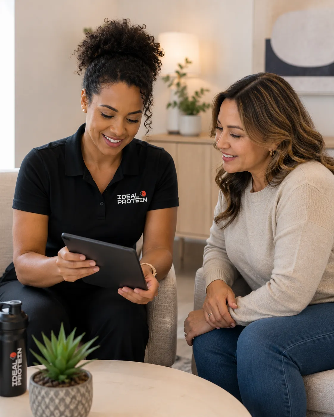 A certified Ideal Protein coach in a branded uniform reviewing a client's program on a tablet during a one-on-one Ideal Protein GLP-1 Partner Program coaching session