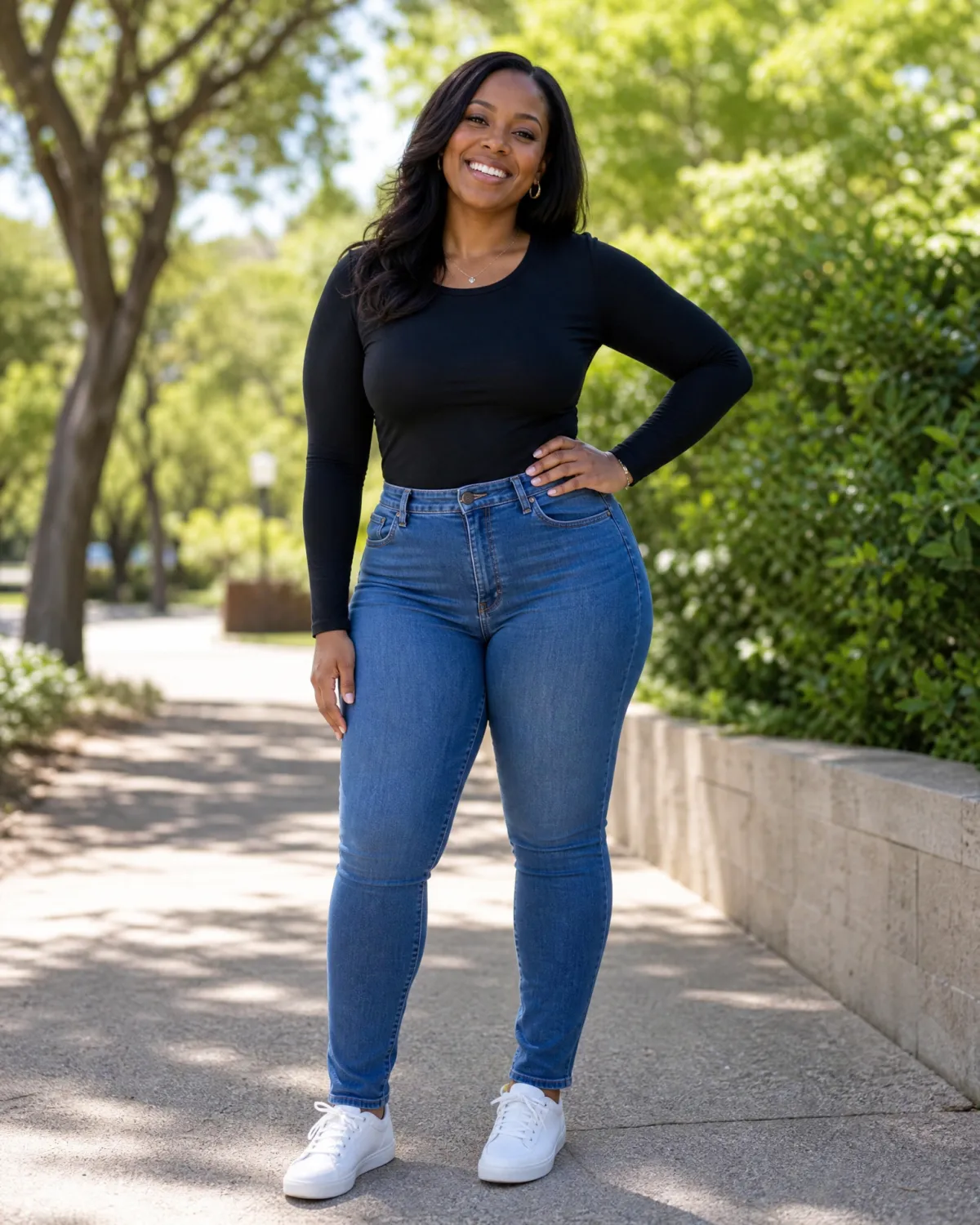 Smiling woman standing confidently outdoors on a tree-lined path, wearing a black long-sleeve top and jeans — representing the results-driven approach of Ideal Protein's complete weight loss program
