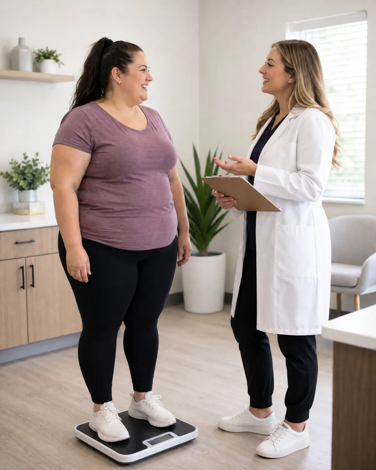 A smiling female client standing on a scale while a clinician in a white lab coat holds a clipboard and engages warmly with her, representing the whole-body metabolic health support and progress tracking built into the Ideal Protein GLP-1 Prescriber Program