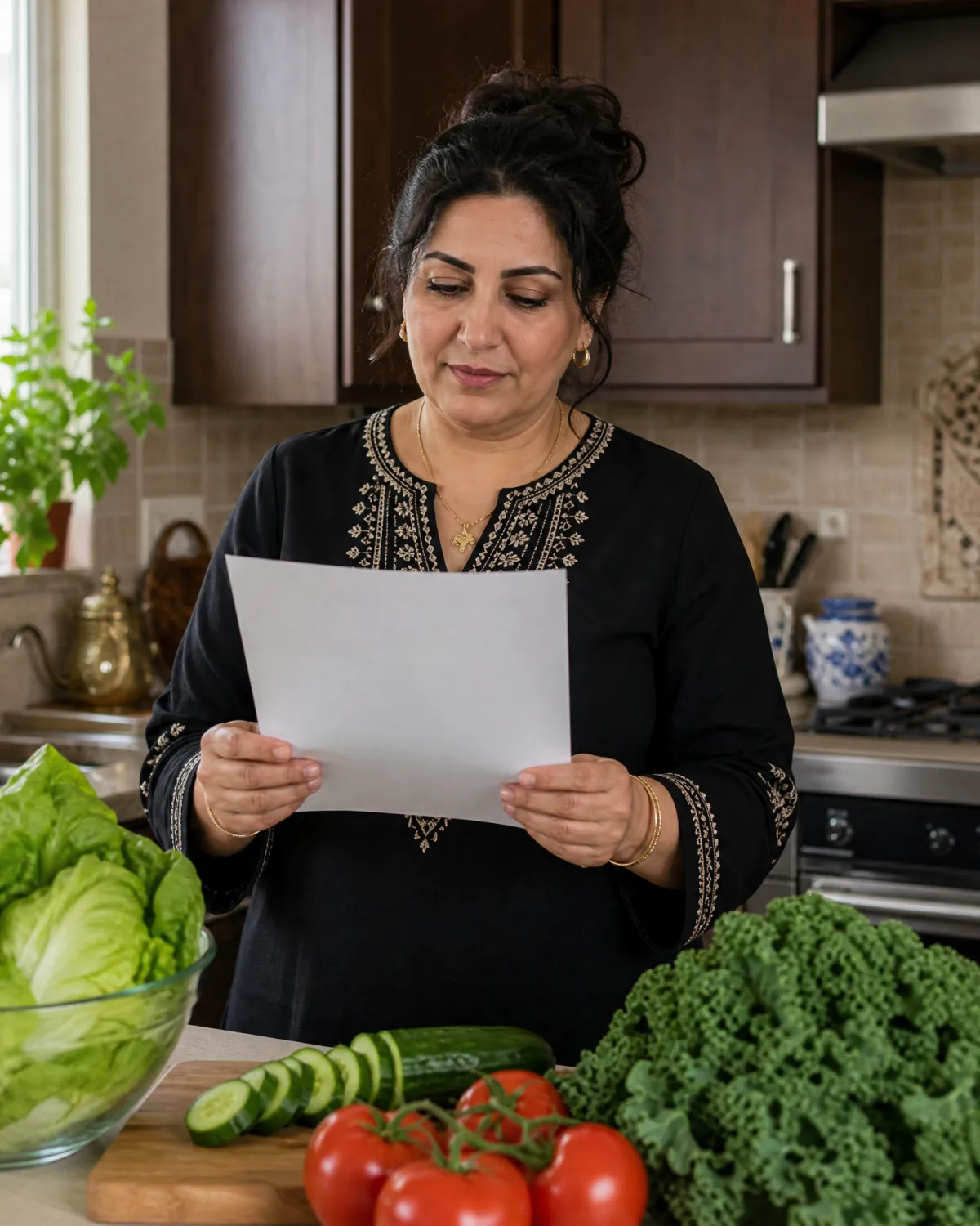 Woman reviewing her Ideal Protein progress materials in a kitchen, representing a structured coach-supported weight loss approach