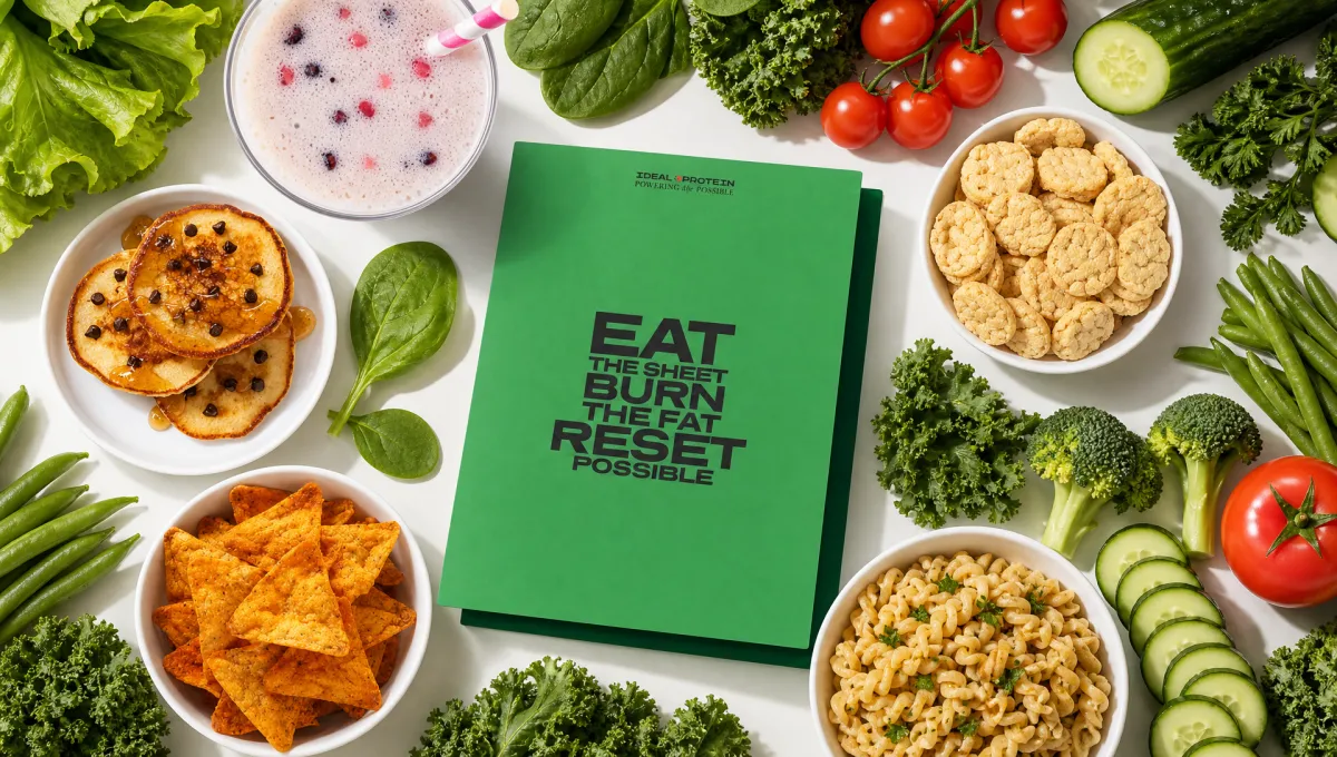 Ideal Protein protocol guide surrounded by whole foods including tomatoes, broccoli, cucumbers, leafy greens, and high-protein snacks, representing a medically guided weight loss program