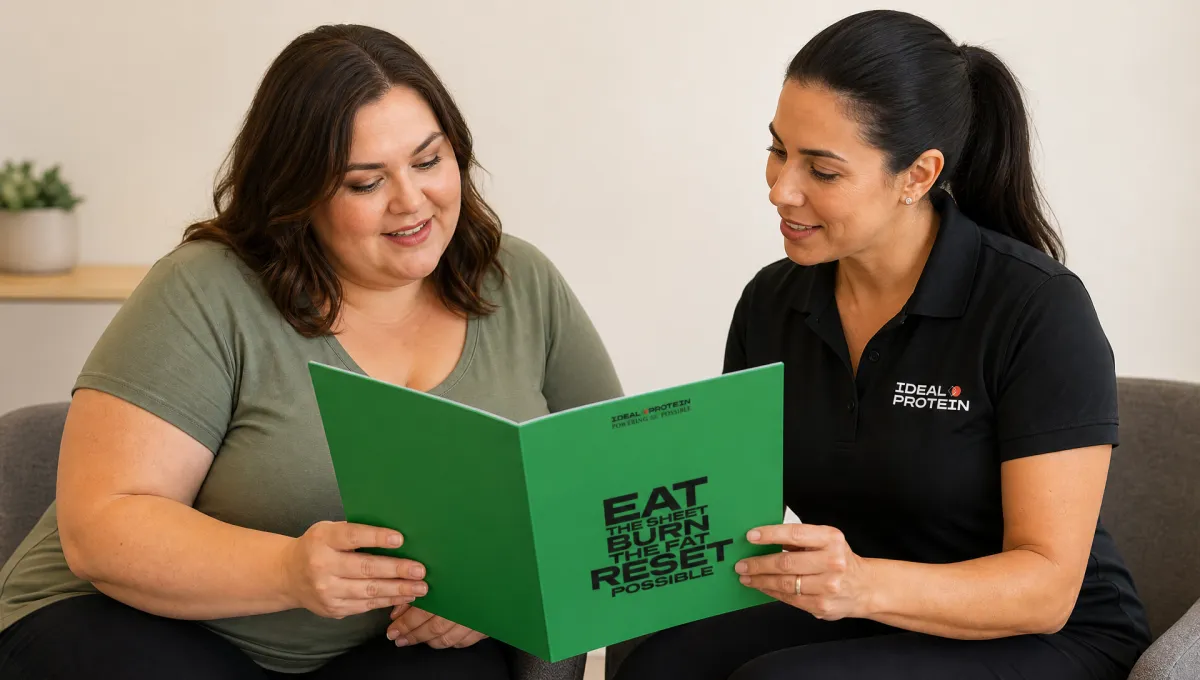 Certified Ideal Protein coach reviewing the protocol guide with a client on a couch, representing one-on-one GLP-1 weight loss support paired with structured nutrition coaching