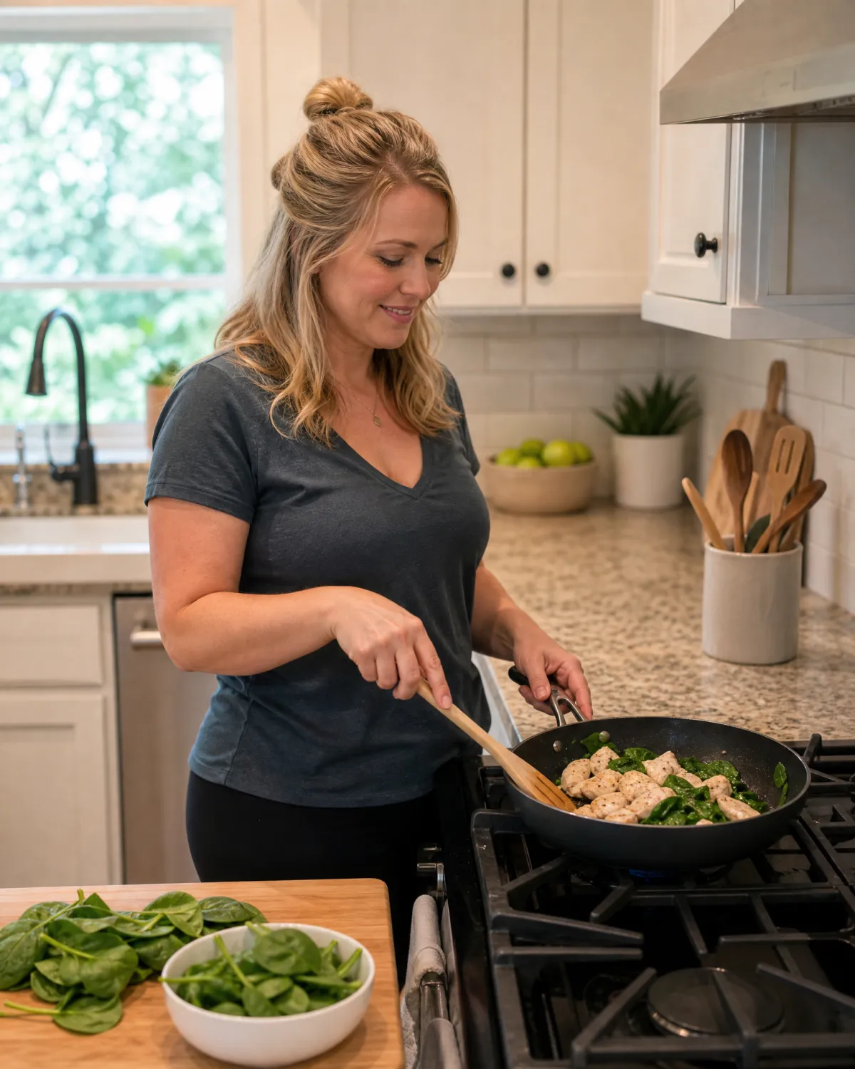 Woman preparing a protein-forward meal in a kitchen, representing the nutrition focus of a GLP-1 weight loss support program designed to preserve lean muscle mass