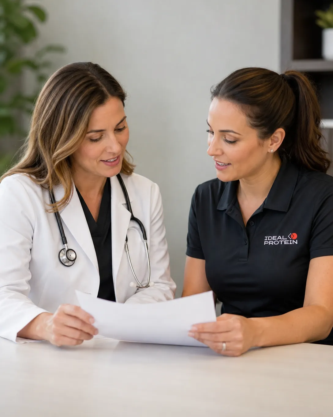 Certified Ideal Protein coach reviewing a client's progress plan in collaboration with their healthcare provider, representing medically aligned coaching and structured weight loss support