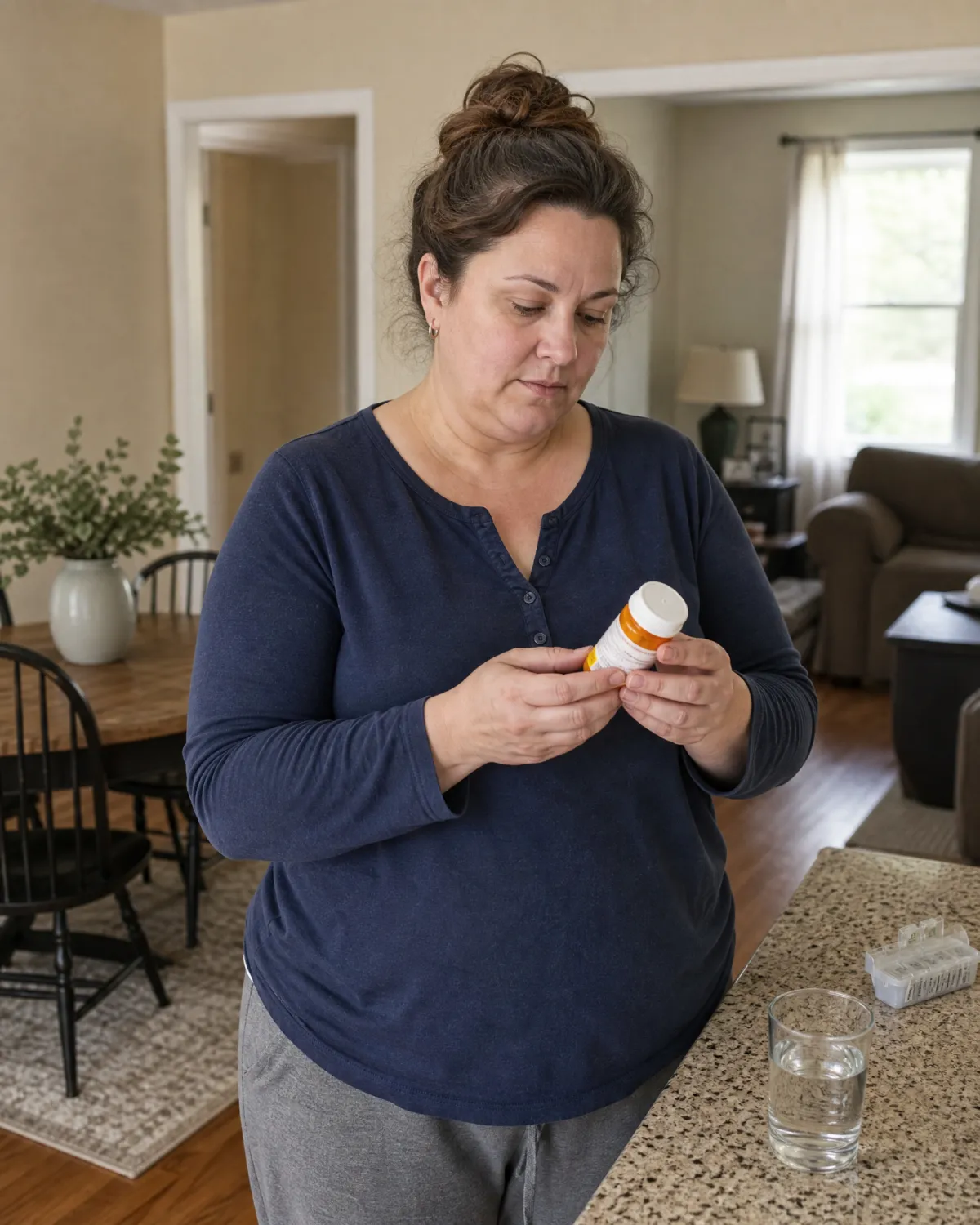 Woman carefully reviewing a medication at home, representing those managing type 2 diabetes, high blood pressure, or high cholesterol working toward weight loss through the Ideal Protein program as part of a physician-recommended health management plan
