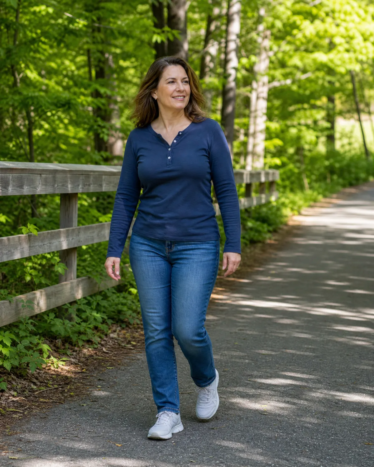 Woman walking along a tree-lined path outdoors, representing an active lifestyle supported by the Ideal Protein medically guided weight loss program for women in perimenopause or menopause