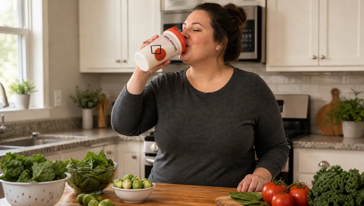 Woman drinking an Ideal Protein shake in a kitchen surrounded by fresh vegetables, representing a supported and personalised restart weight loss program