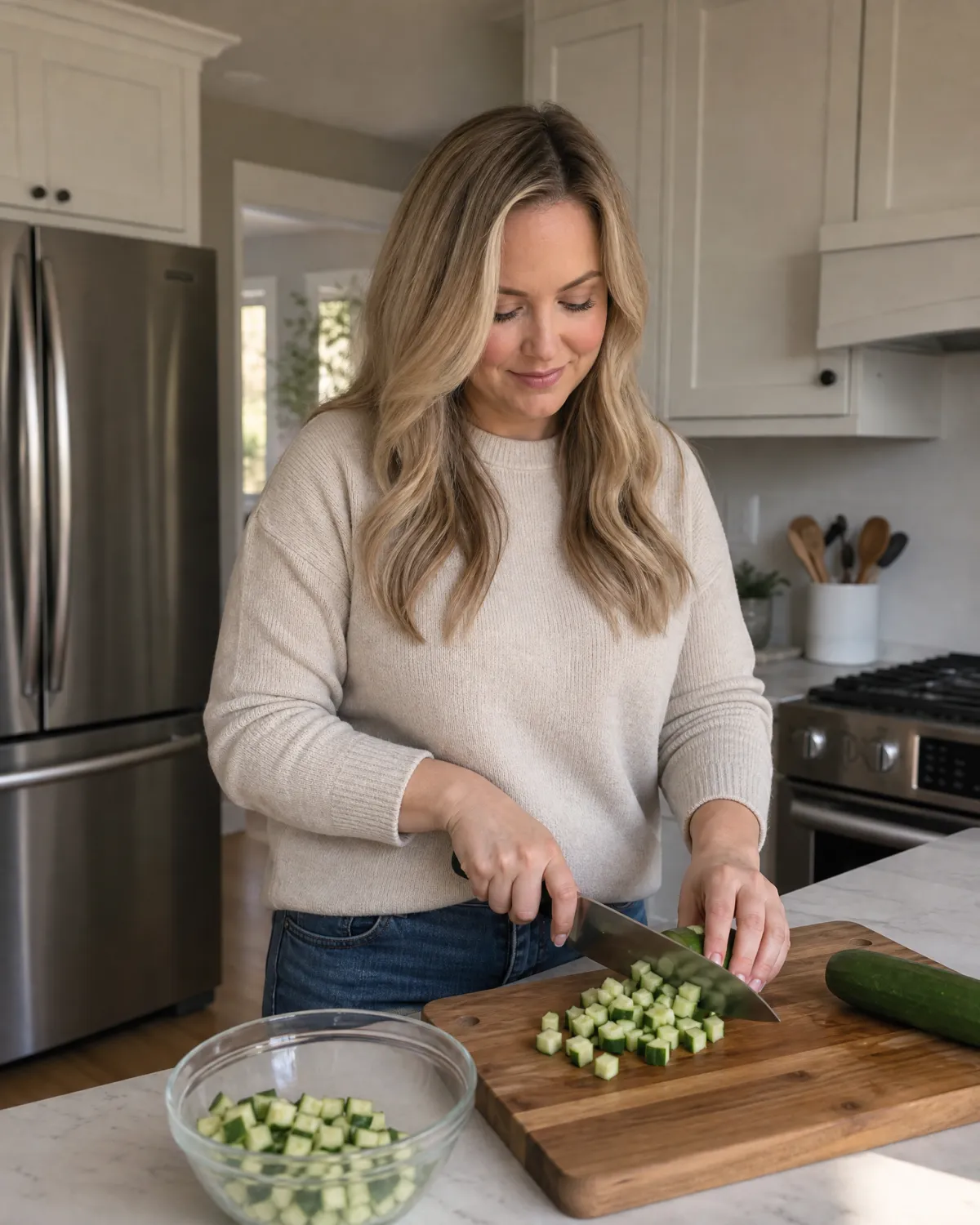 Woman chopping fresh cucumber on a wooden cutting board in a bright kitchen, representing the protein-forward nutrition focus of the Ideal Protein weight loss program