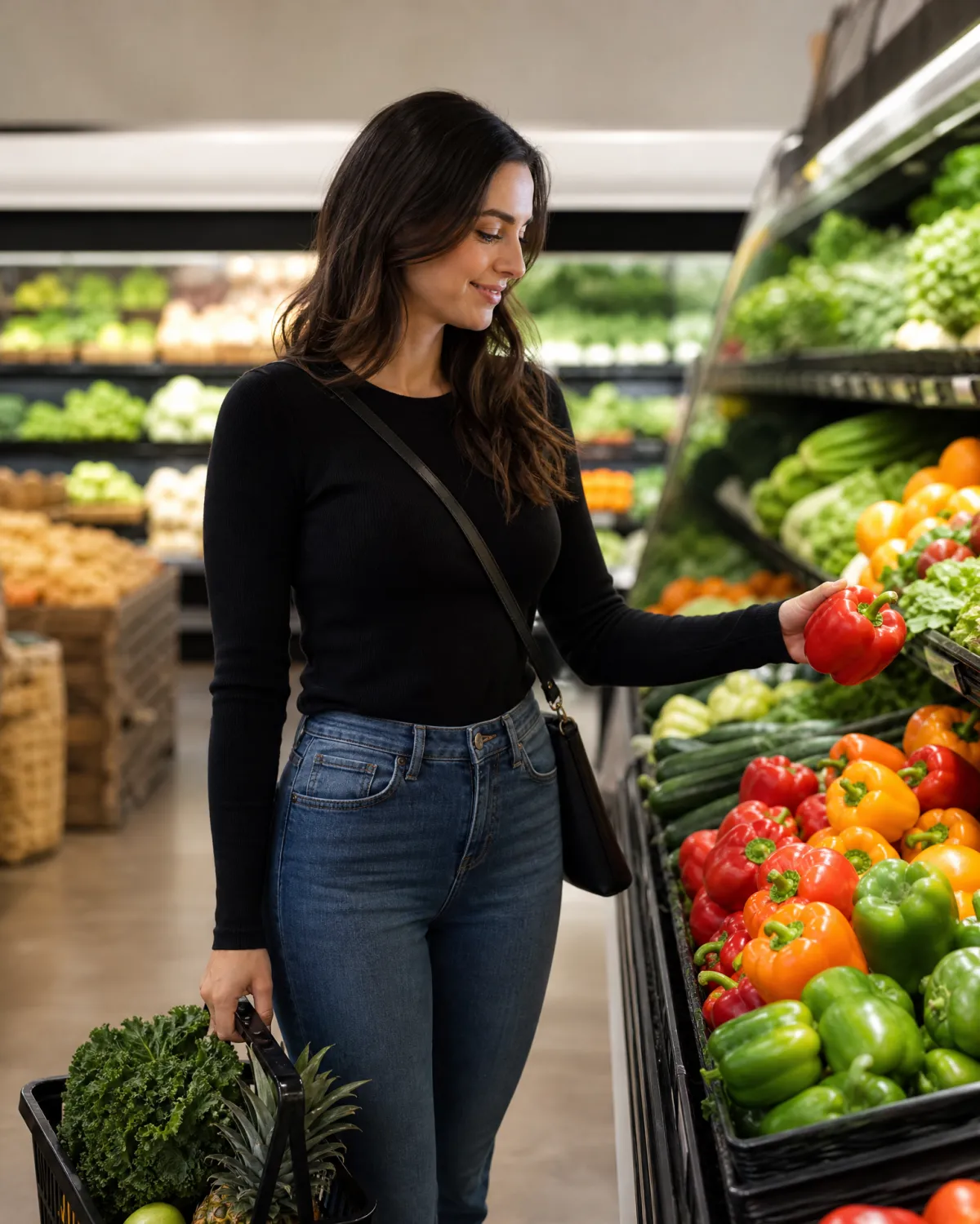Woman selecting fresh vegetables in a grocery store, representing health-conscious individuals who are at or near their goal weight and using the Ideal Protein maintenance program to sustain their results and support long-term metabolic health