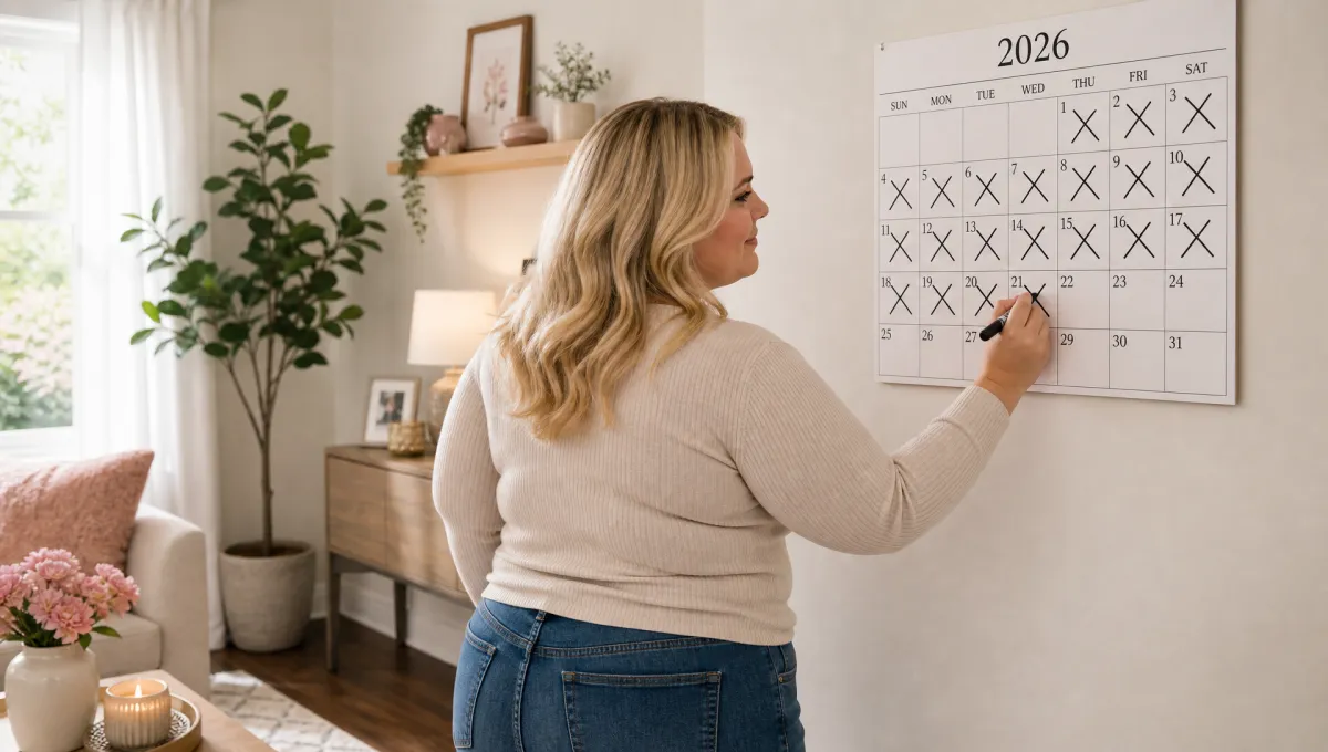 Woman marking dates on a wall calendar, representing the structured 12-week Ideal Protein weight loss program built around a specific goal date or milestone