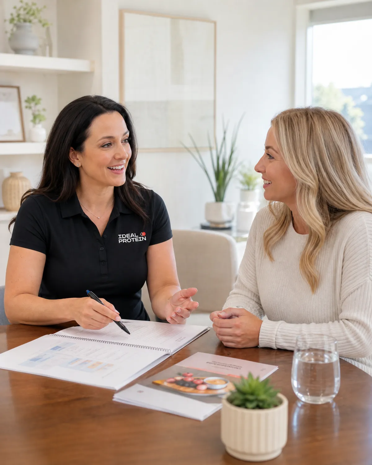Certified Ideal Protein coach reviewing a 12-week weight loss plan with a client, representing the weekly one-on-one coaching and progress tracking that keeps the program on course toward a goal date