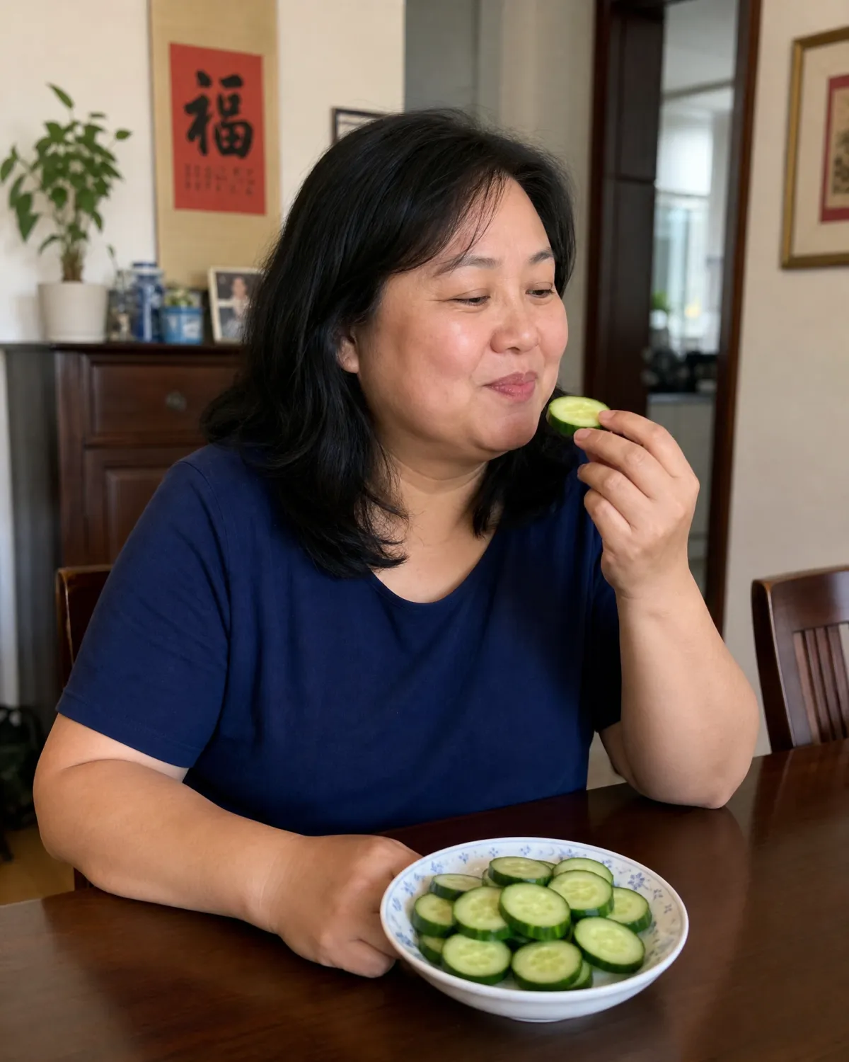 Woman enjoying fresh sliced cucumber at a dining table at home, representing the structured nutritional habits supported by the three-phase Ideal Protein 12-week weight loss program