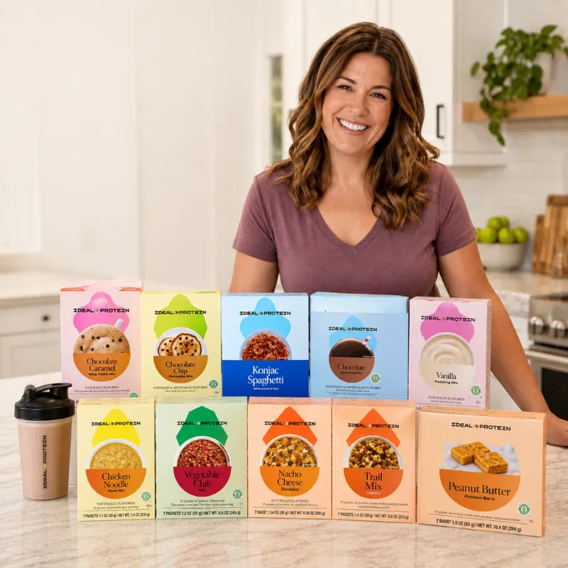 Woman smiling confidently in a bright kitchen with a full display of Ideal Protein products at Bremo Nutrition Studio, representing a complete, clinically supported weight loss program in Richmond, Virginia & Online