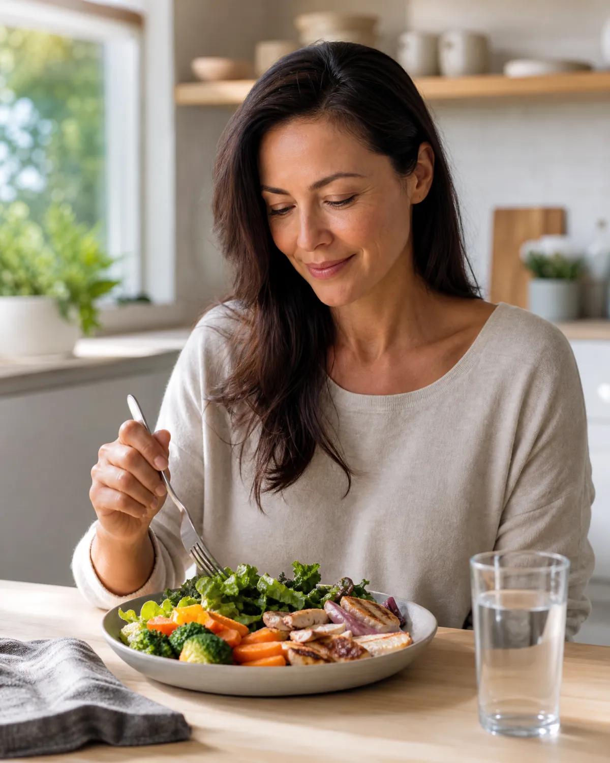 Woman enjoying a protein-forward meal on the Ideal Protein Protocol at Ideal Weight Loss Clinic, online across the US