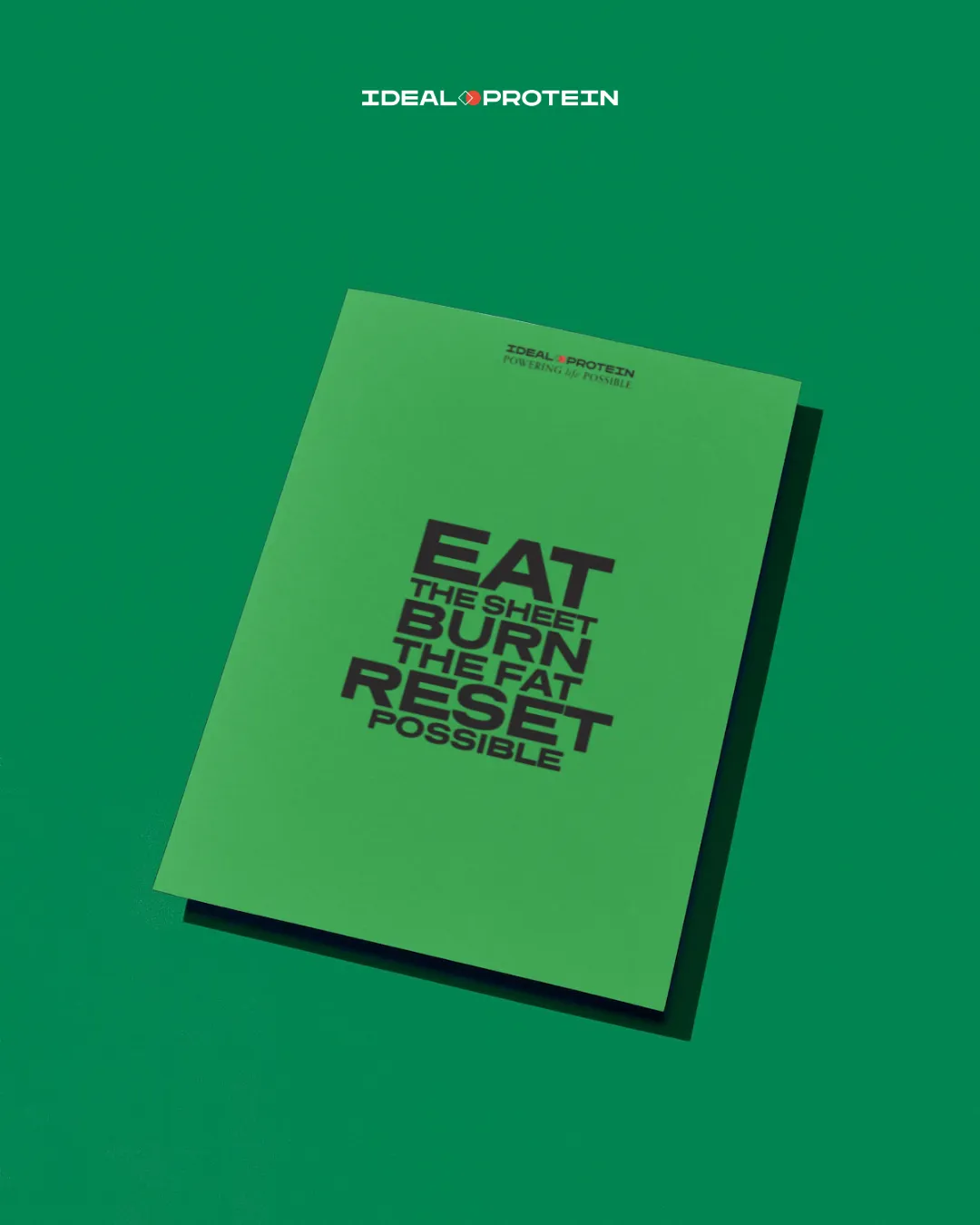 Ideal Protein green phase 1 folder with the words Eat Burn Reset displayed on the cover