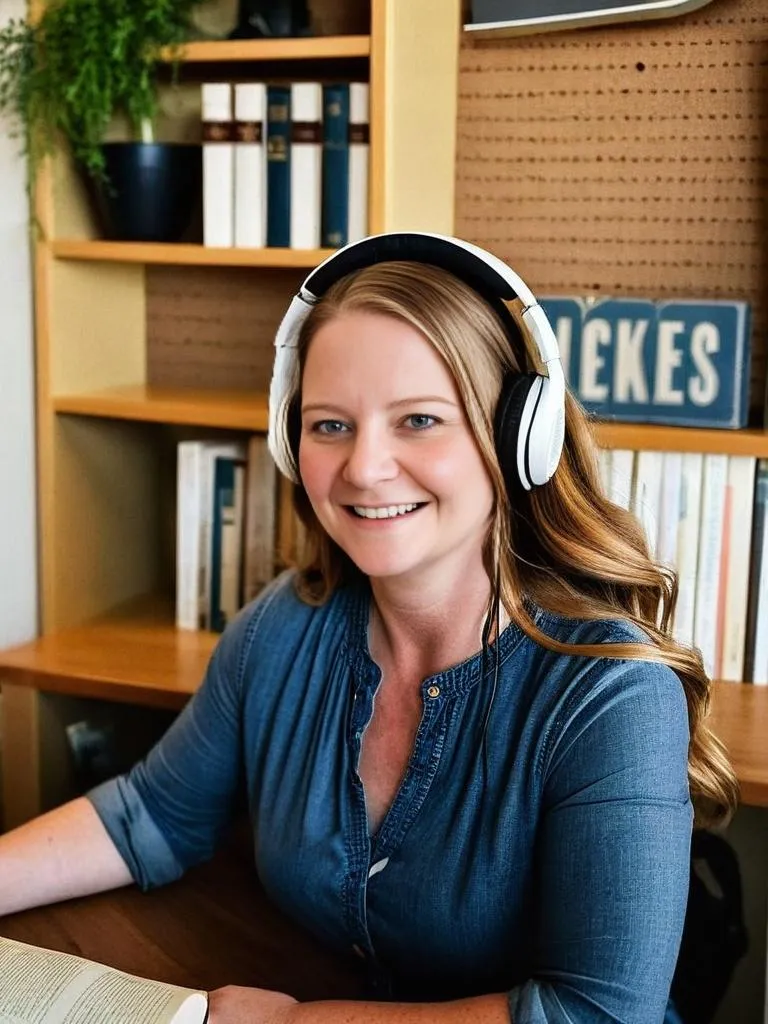 Smiling blonde woman wearing headphones at desk with books, host of Neurospicy and Navigating neurodivergent parenting podcast