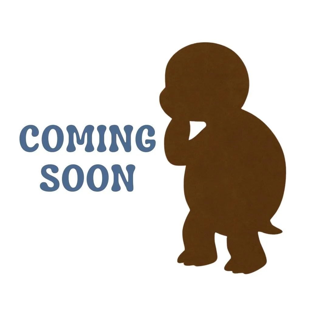 Silhouette of a cartoon turtle standing upright with one arm near its mouth, suggesting a shy or anxious pose. The turtle is dark brown against a white background. To the left, the words "COMING SOON" appear in bold, soft blue lettering. The image has a gentle, storybook feel.