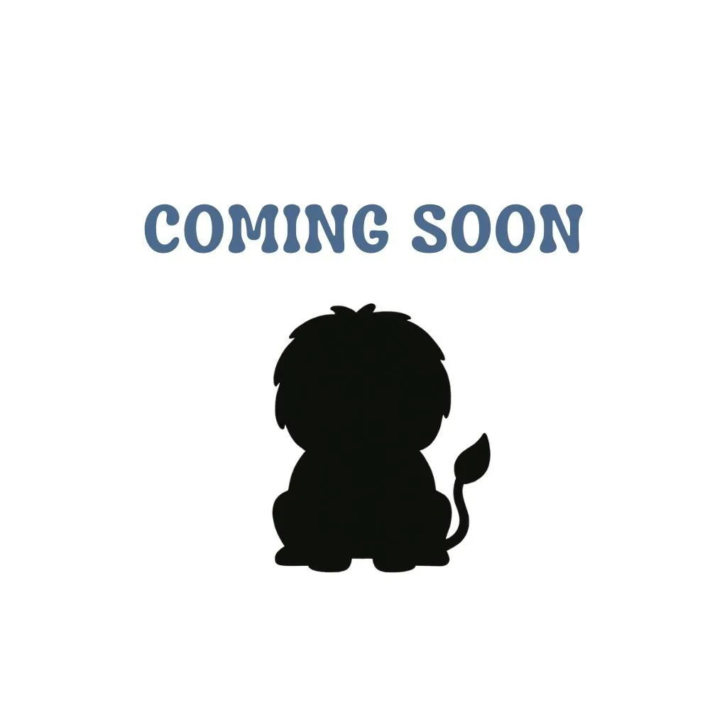 Silhouette of a cartoon lion sitting with its back turned, showing a round mane and curled tail. The lion is centered beneath the words "COMING SOON" in bold blue letters, set against a plain white background. The image has a clean, minimal design to tease the reveal of a children’s book character.