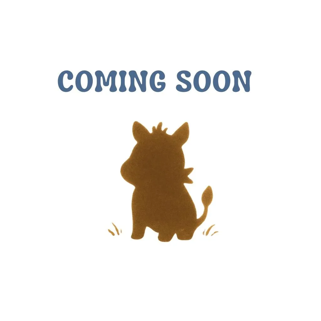 Silhouette of a cartoon warthog sitting on grass, facing away with head slightly turned. The warthog has upright ears, a short tail, and a small bandana shape around its neck. Above the silhouette, the words "COMING SOON" appear in bold blue letters on a white background. The image has a gentle, whimsical tone suitable for a children’s book reveal.