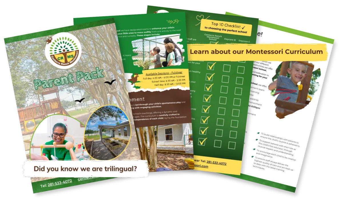 Parent reading pack explaining Montessori and highlights at Centerra Ranch Montessori School