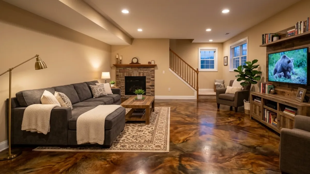 Decorative stained concrete floor with rich color finish inside a Sarasota, Florida home.