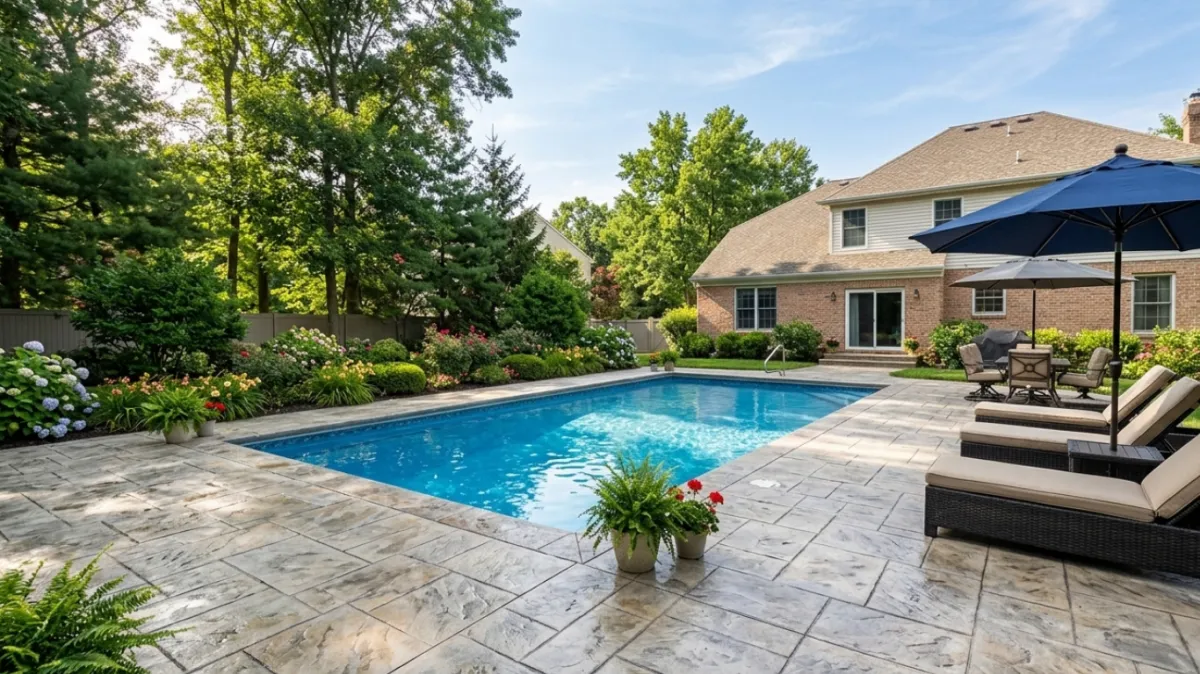 Decorative stained concrete floor with rich color finish inside a Sarasota, Florida home.