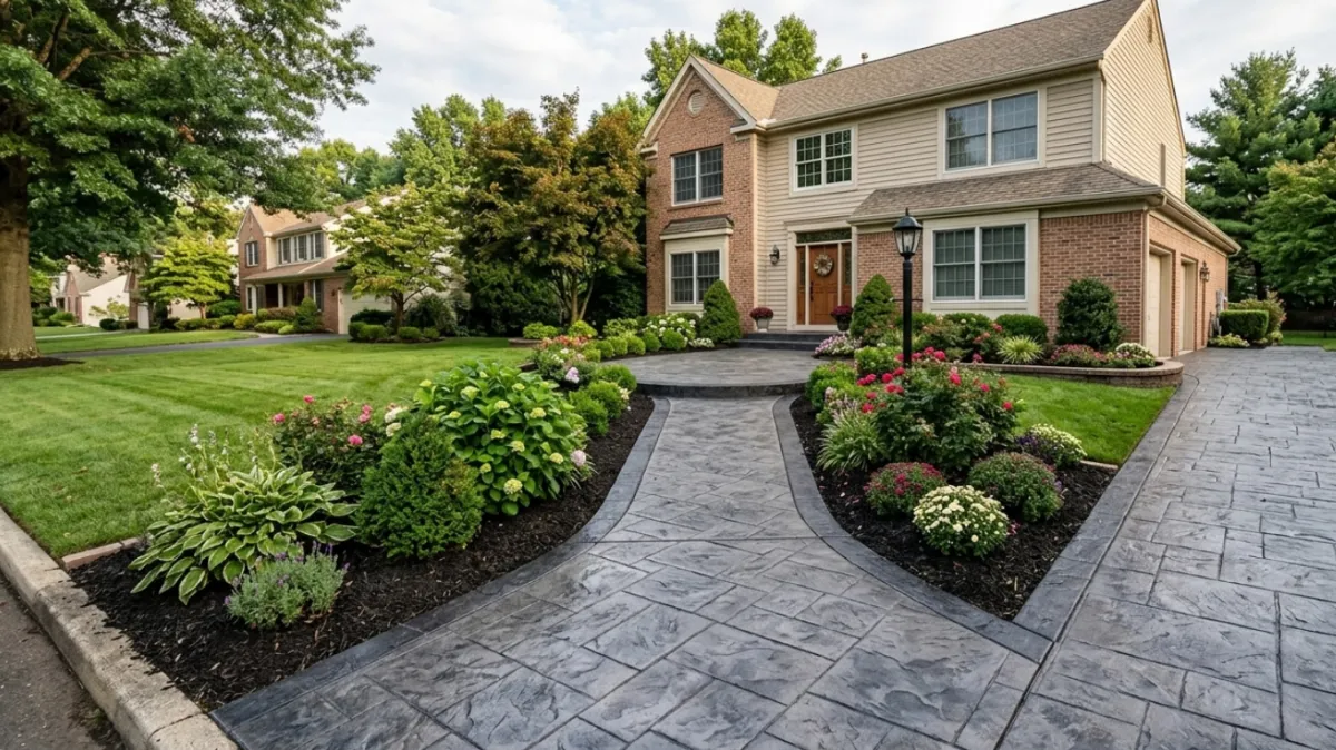 Stamped concrete driveway in Sarasota, FL with stone-like pattern design for residential curb appeal.