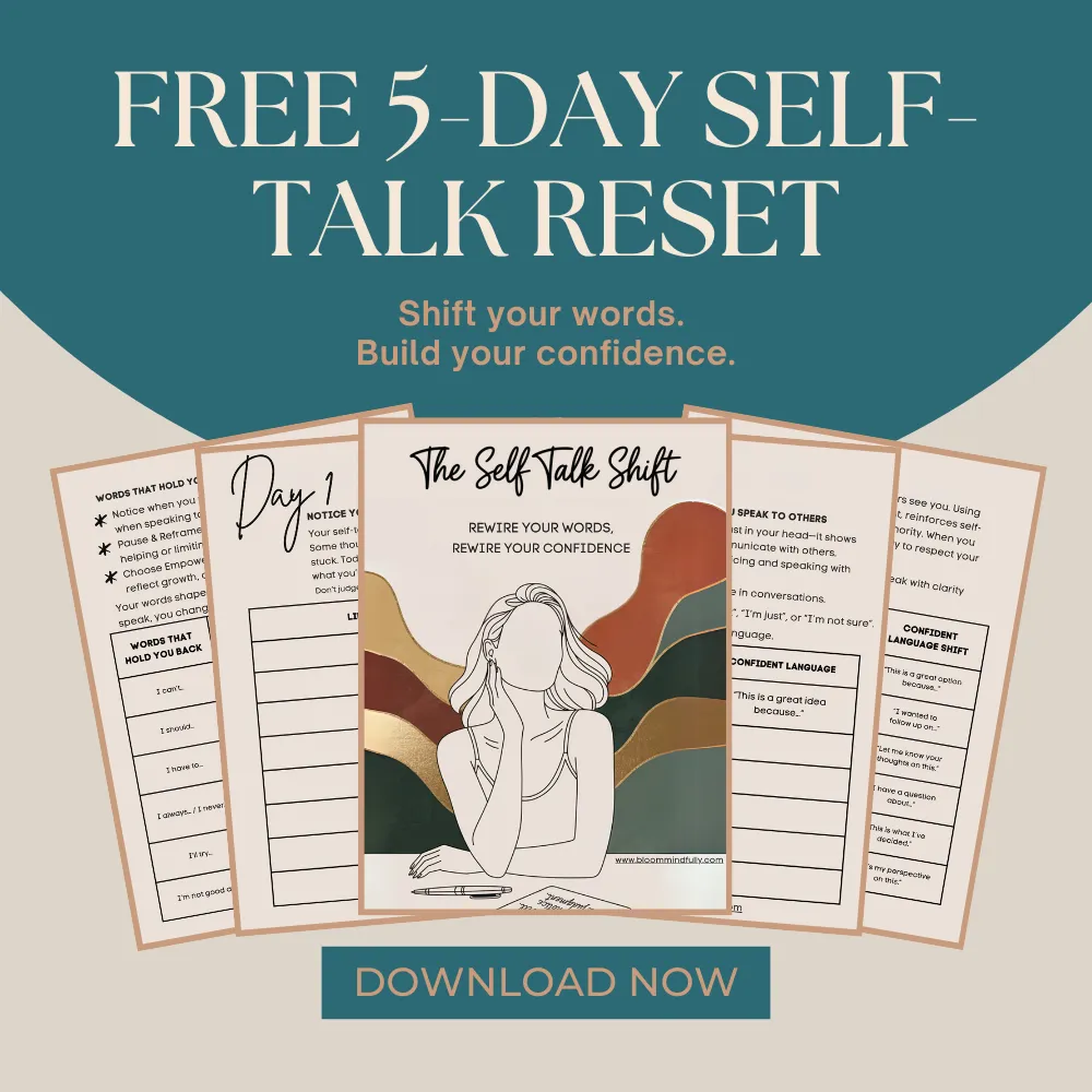 A promotional graphic for a free 5-day self-talk reset guide titled The Self-Talk Shift. The image showcases a stylized illustration of a woman with flowing hair, along with pages from the guide featuring exercises and prompts on the power of words, rewiring your brain, and shifting a negative inner dialogue. The text at the top highlights the program’s focus: "Shift your words. Build your confidence." A "Download Now" button is displayed at the bottom.