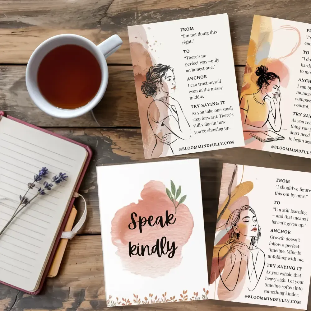 Flat lay of self-talk affirmation cards on a rustic table with tea and a journal, offering mindset reset prompts and emotional regulation support for overwhelmed mom entrepreneurs. Center card reads “Speak kindly,” emphasizing compassionate self-talk.