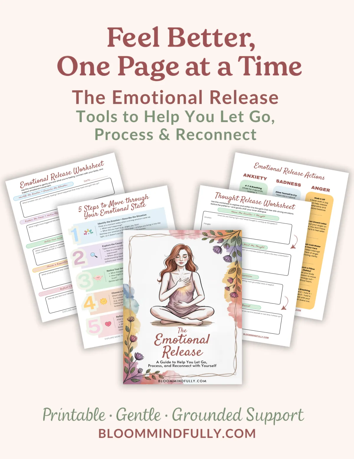 Emotional Reset Kit printable for anxiety relief and mindset support, featuring worksheets to process emotions, reframe negative thoughts, and promote self-care.