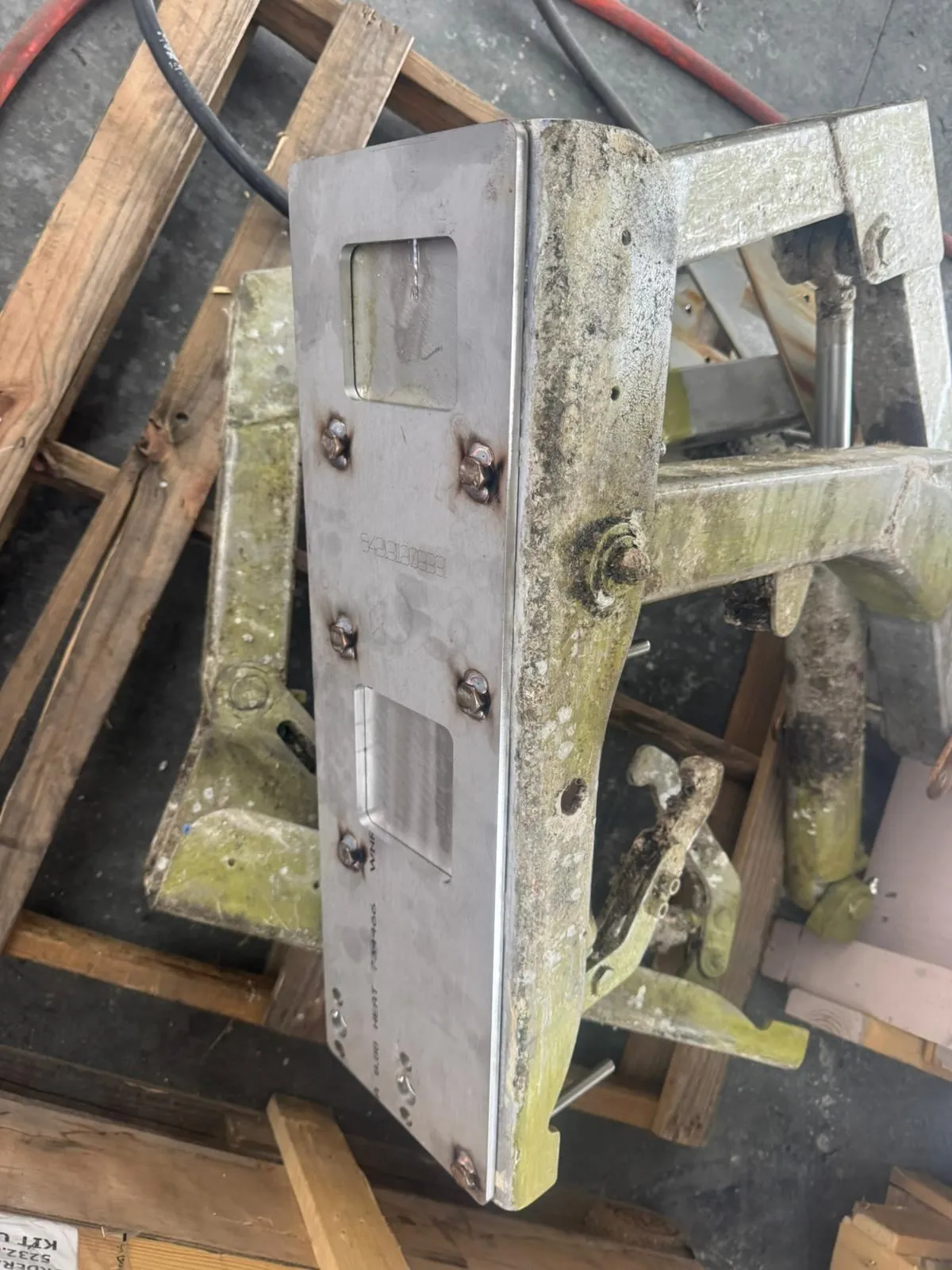 Original corroded platform lift mechanism after removal