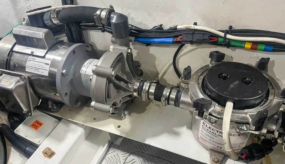 ElectroStrainer and SeaStrong Silver Bullet pump installed in a Princess V50 engine room