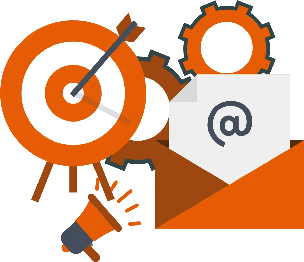 Target, gears, and email icon representing full stack marketing, paid ads, lead generation, and sales funnel strategy