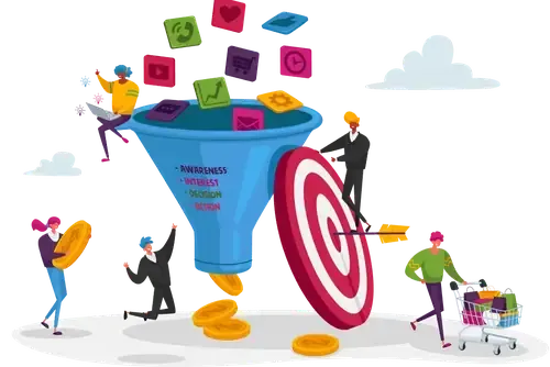 Illustration of marketing funnel, automation, and ROI targeting representing full-stack marketing systems