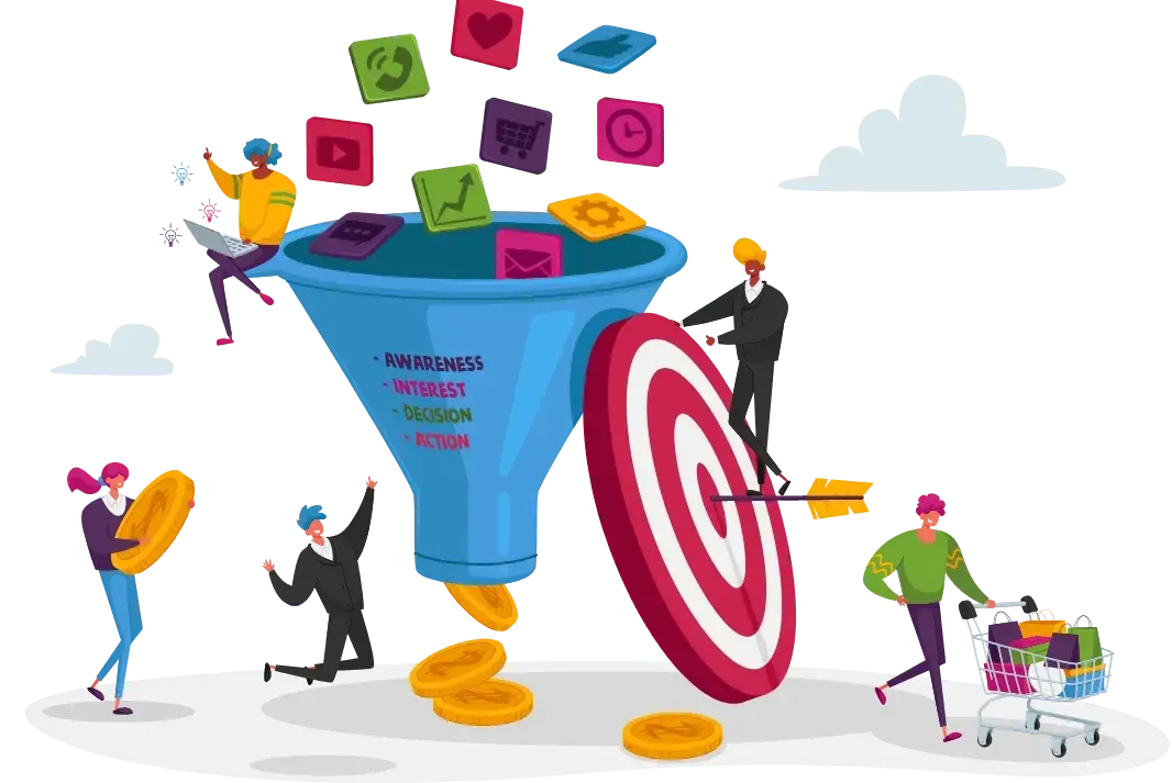 Illustration of marketing funnel, automation, and ROI targeting representing full-stack marketing systems