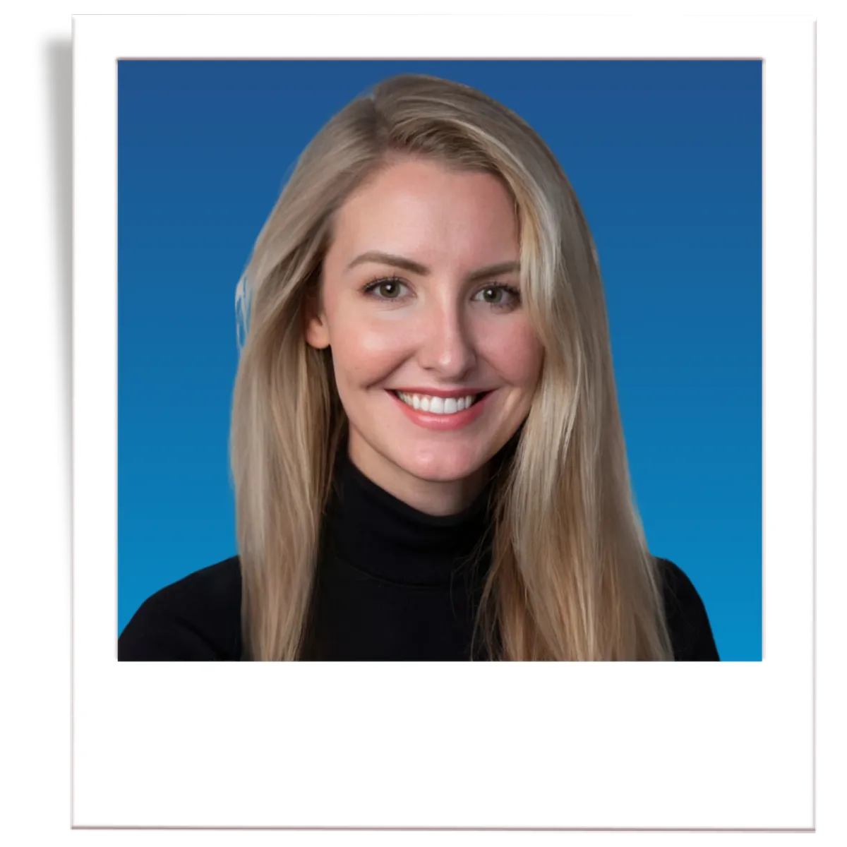 A picture of professional insurance agent, Noe Recendez. The picture is in the style of a polaroid. The insurance agent is wearing a dark grey men's blazer, a blue button down shirt, and a black tie. The agent is in front of a blue gradient background. 