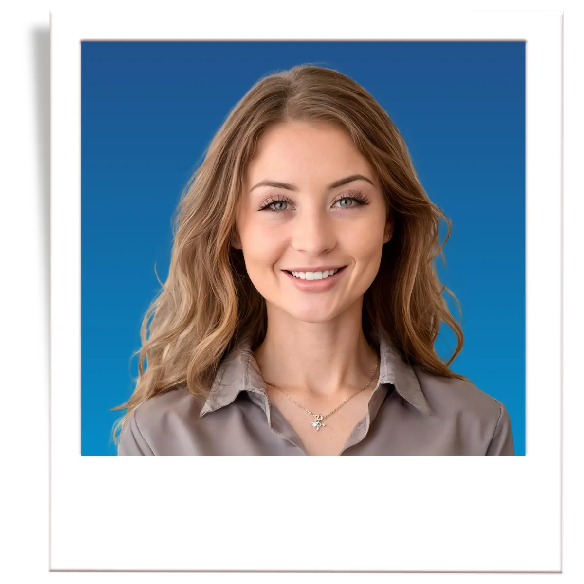 A picture of professional insurance agent, Noe Recendez. The picture is in the style of a polaroid. The insurance agent is wearing a dark grey men's blazer, a blue button down shirt, and a black tie. The agent is in front of a blue gradient background. 