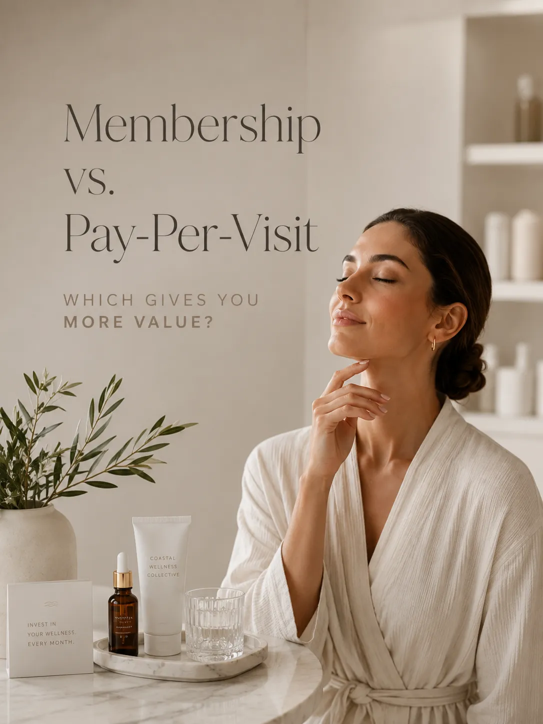 A clean, elegant cover image from Coastal Wellness Collective comparing wellness memberships versus pay-per-visit treatments. A woman in a spa robe relaxes beside premium skincare products, highlighting the value of consistent self-care, preventive wellness, and personalized aesthetic treatments. The design encourages readers to explore which option provides the best long-term value for healthy, radiant skin.