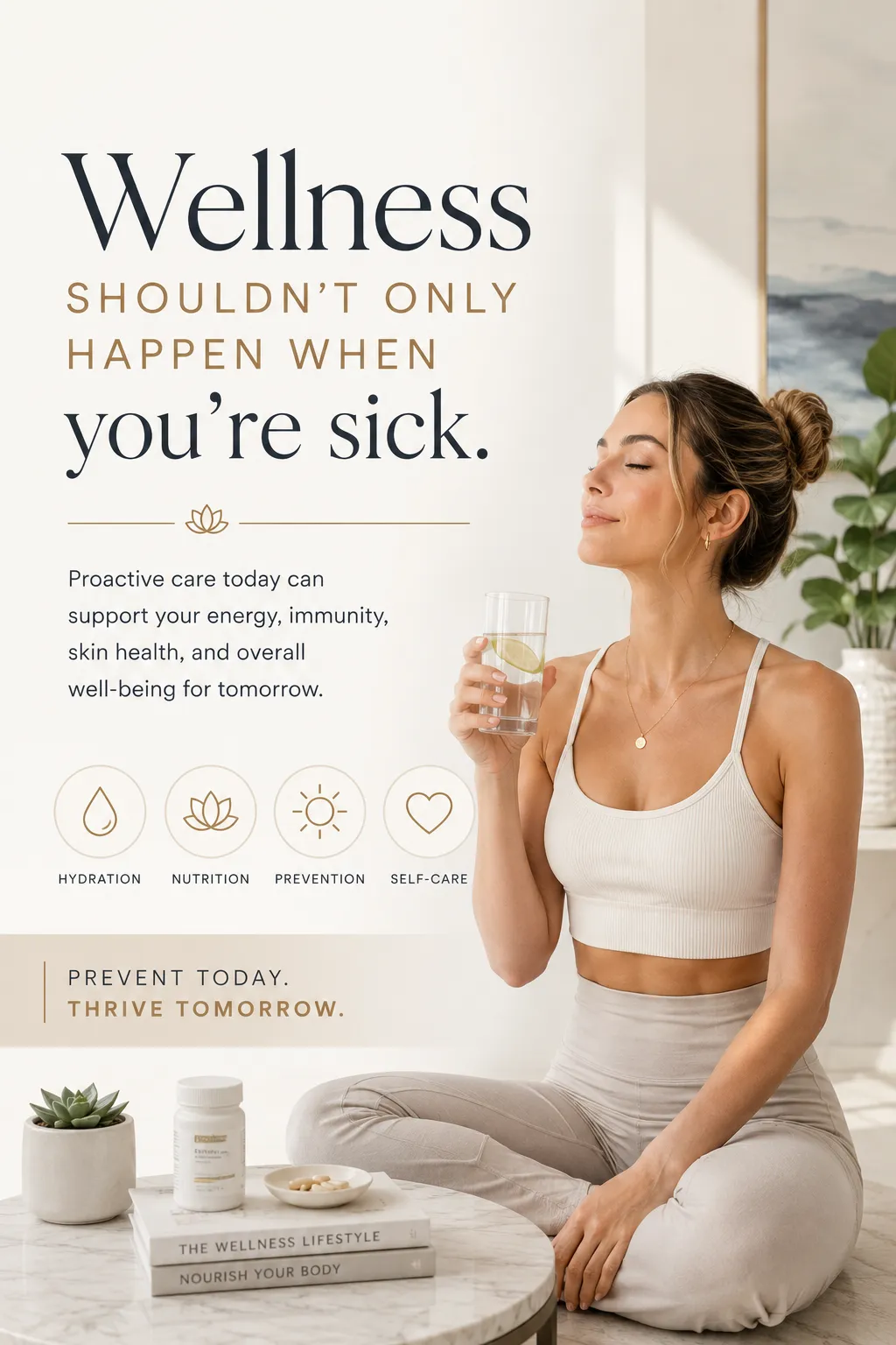 A wellness lifestyle cover image from Coastal Wellness Collective promoting proactive health and preventive care. A woman relaxes while drinking infused water in a bright, calming space, surrounded by wellness essentials. The design emphasizes hydration, nutrition, prevention, and self-care, encouraging healthy habits that support energy, immunity, skin health, and long-term well-being before illness occurs.