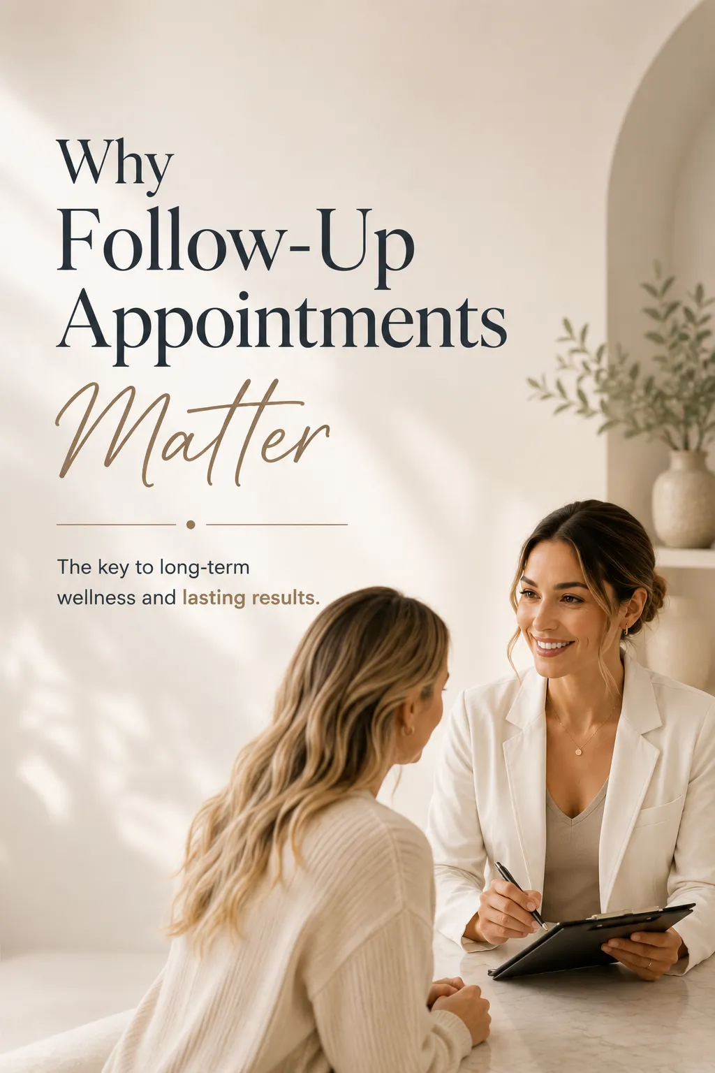A professional wellness consultation cover image featuring a healthcare provider meeting with a patient during a follow-up appointment at Coastal Wellness Collective. The image emphasizes the importance of follow-up visits for monitoring progress, adjusting personalized treatment plans, and achieving long-term wellness and lasting results. The clean, calming design reinforces continuity of care, preventive health, and patient-centered wellness.