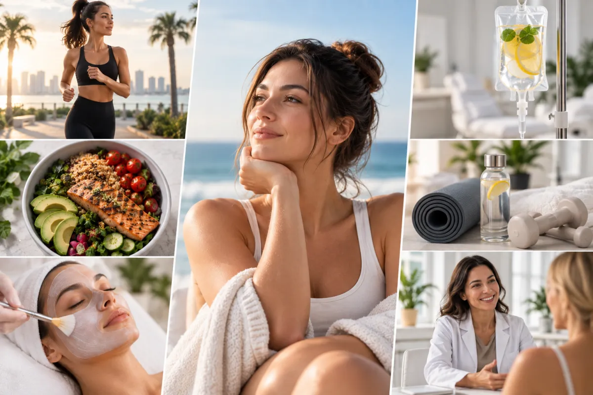 Woman practicing healthy aging and self-care in a modern wellness setting, representing longevity, NAD+ wellness, IV therapy, and personalized wellness care.