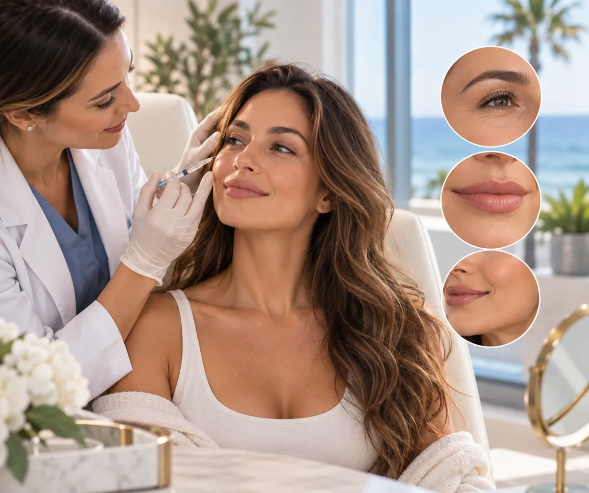 Woman receiving a subtle facial injectable treatment from a healthcare professional in a luxurious coastal wellness clinic, highlighting natural-looking facial rejuvenation.
