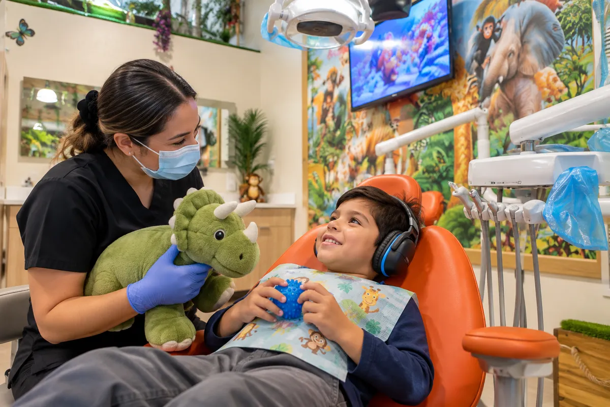 Child receiving supportive dental care at a pediatric dental office