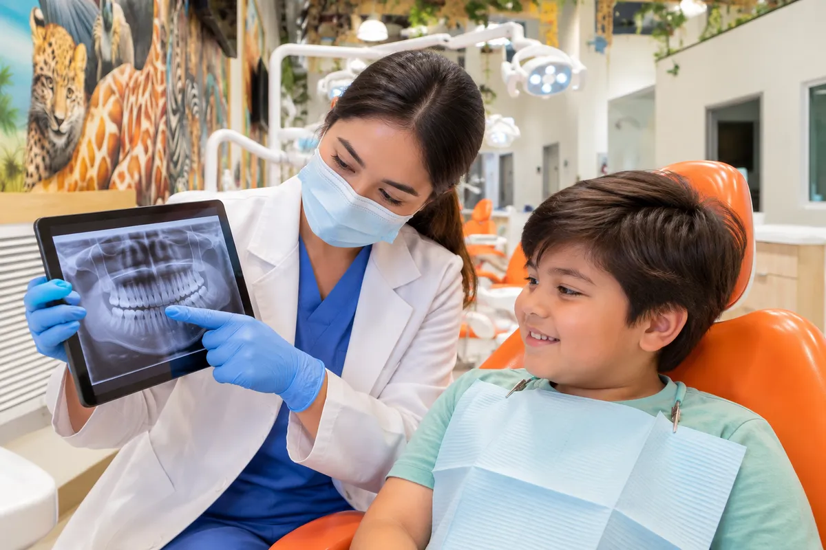 Child receiving supportive dental care at a pediatric dental office