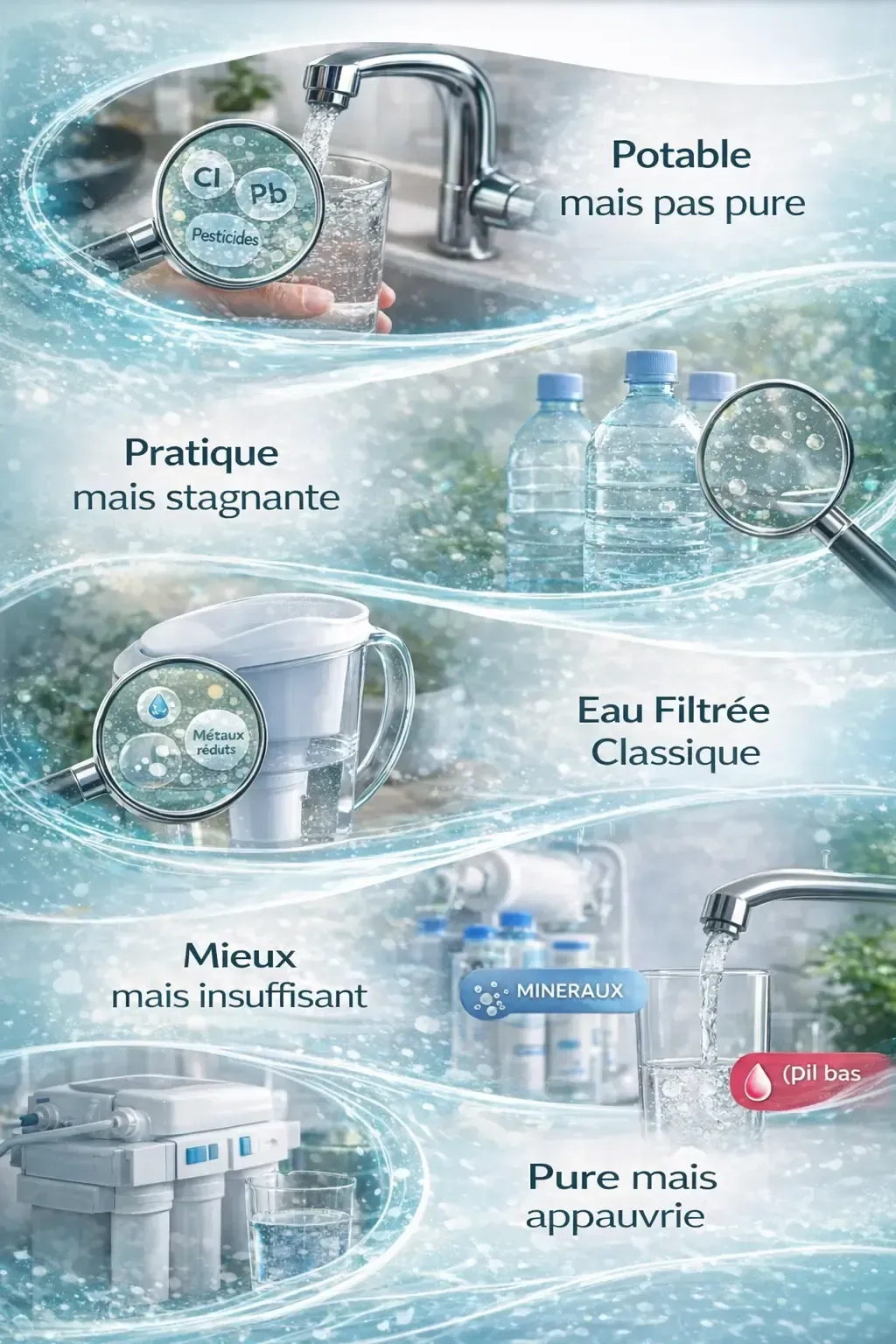 Comparaison des différentes qualités d’eau : eau du robinet, eau en bouteille, eau filtrée et eau purifiée, montrant leurs limites en termes de pureté et de minéraux.