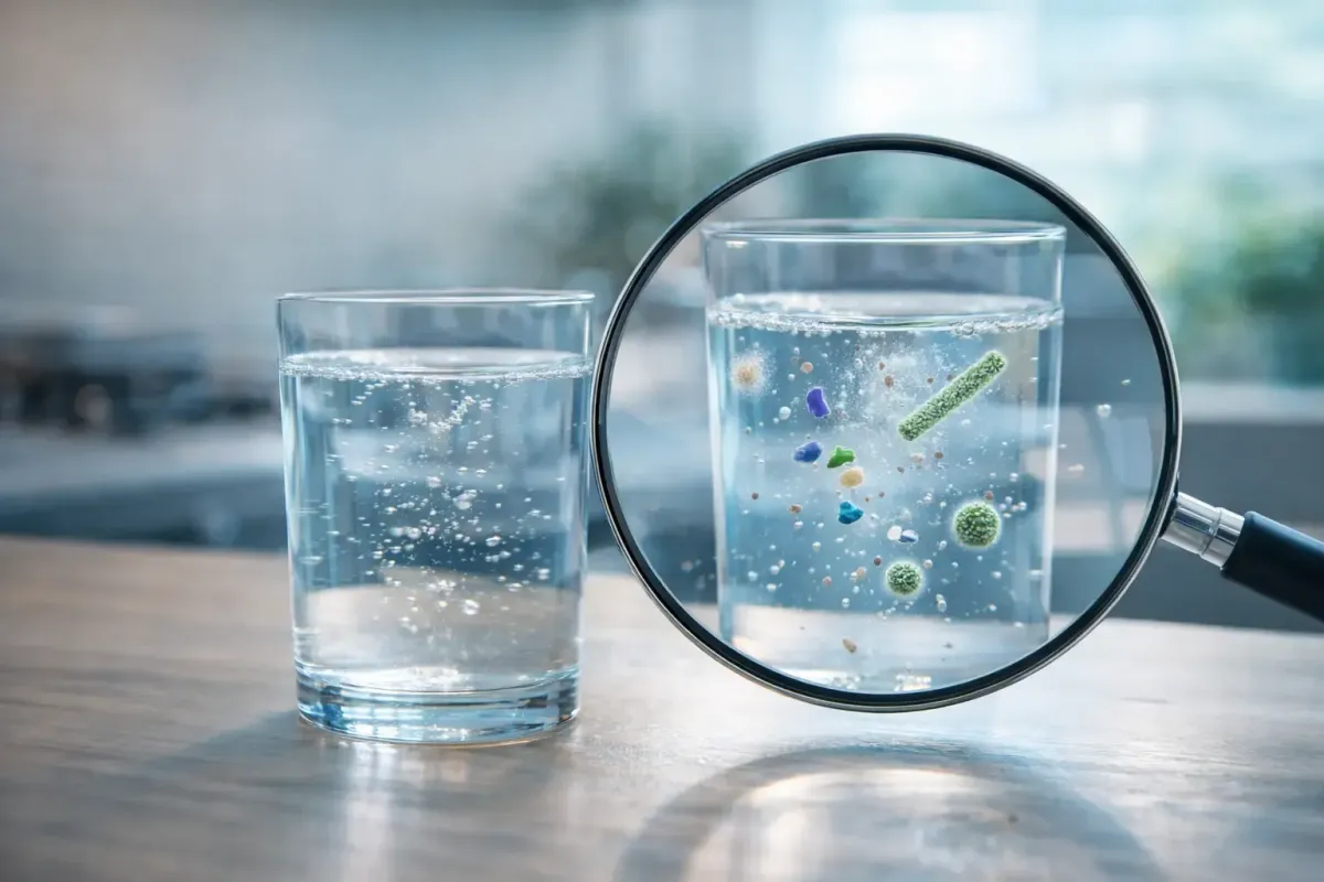 verre d’eau potable avec contaminants visibles à la loupe, illustrant la présence de microplastiques et impuretés dans l’eau