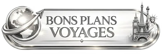 Logo Bons Plans Voyages en finition argent premium avec monuments emblématiques du monde, symbole de voyage malin, économies vacances, séjours moins chers et club privé de voyageurs futés.